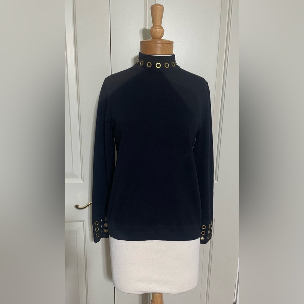 Tory Burch Navy Wool Mock Turtleneck Sweater With Brass Grommet Detail size M